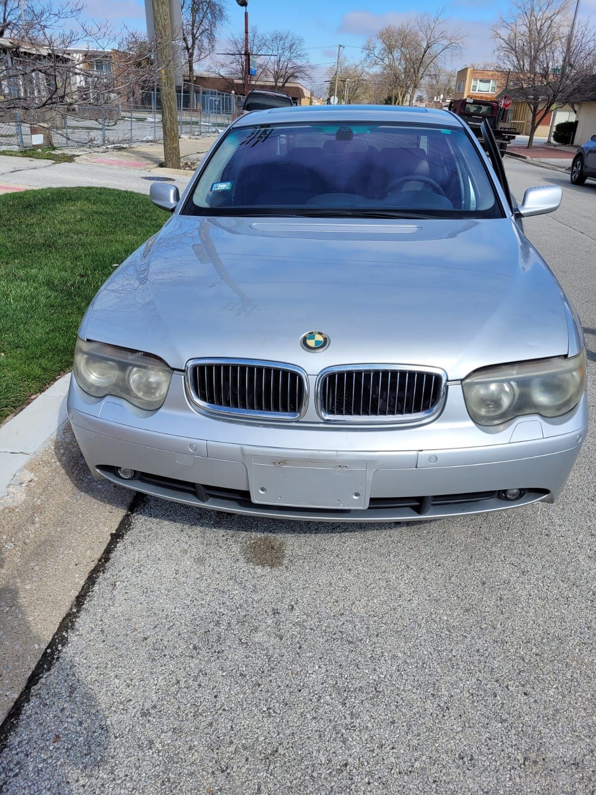 Silver BMW 7 Series sedan parked at a curb, seen from the front